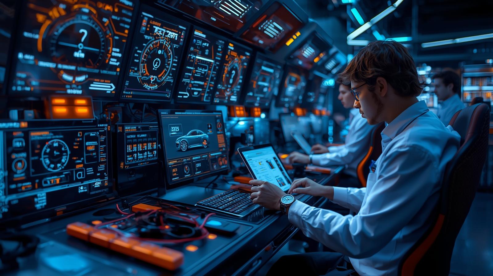 Automotive engineers testing ECU systems and vehicle control software in a high-tech lab – TAMA Systems India, Indo-German engineering company specializing in automotive software development, automation, and testing solutions.