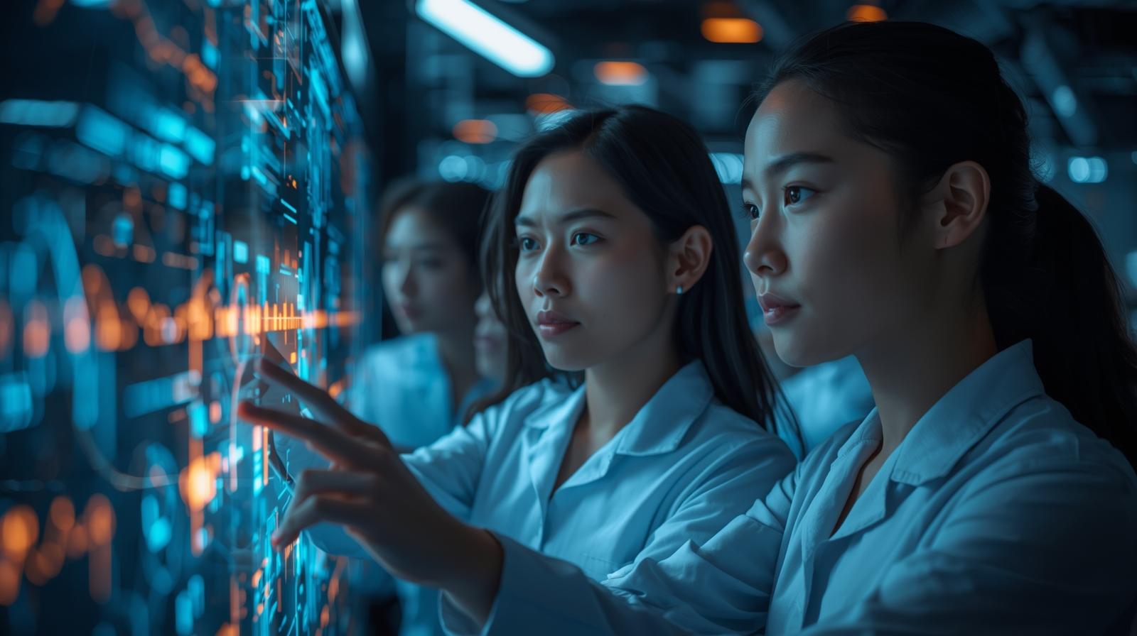 Services Engineers analyzing AI-driven automation dashboards in a high-tech lab – TAMA Systems India, Indo-German engineering company specializing in AI integration, workflow automation, and governance for enterprise systems.