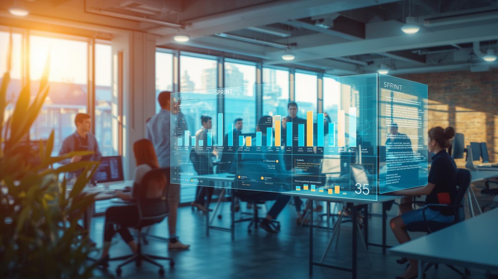 Services Agile development team reviewing sprint dashboards in a modern office – TAMA Systems India, ISO 9001:2015-certified company offering Scrum-based software development, CI/CD integration, and agile project management solutions.