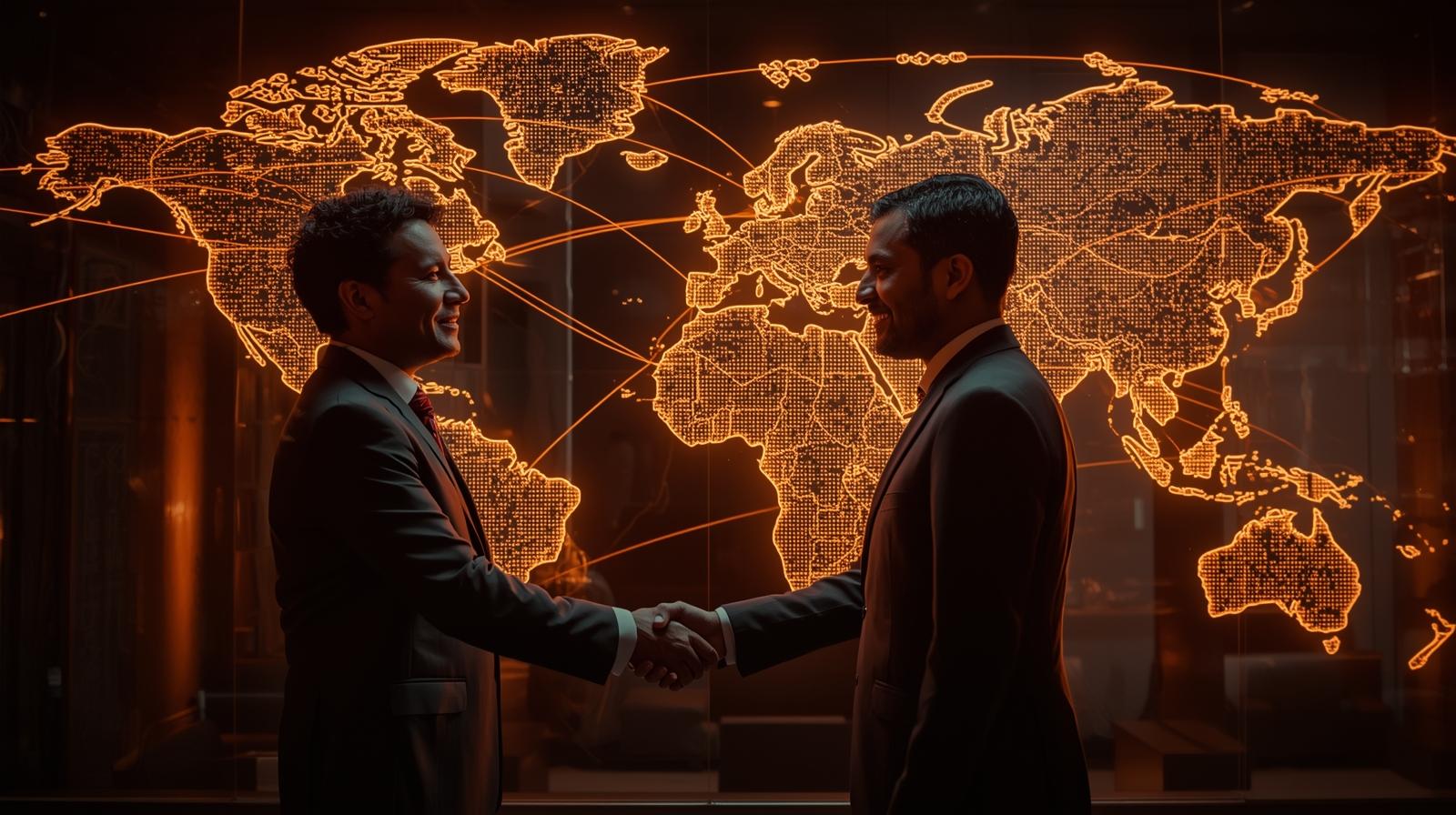 Services Business professionals collaborating in front of a digital world map – TAMA Systems India, global expert in JetBrains MPS and Domain-Specific Language (DSL) engineering for AI, automotive, and model-driven automation projects.