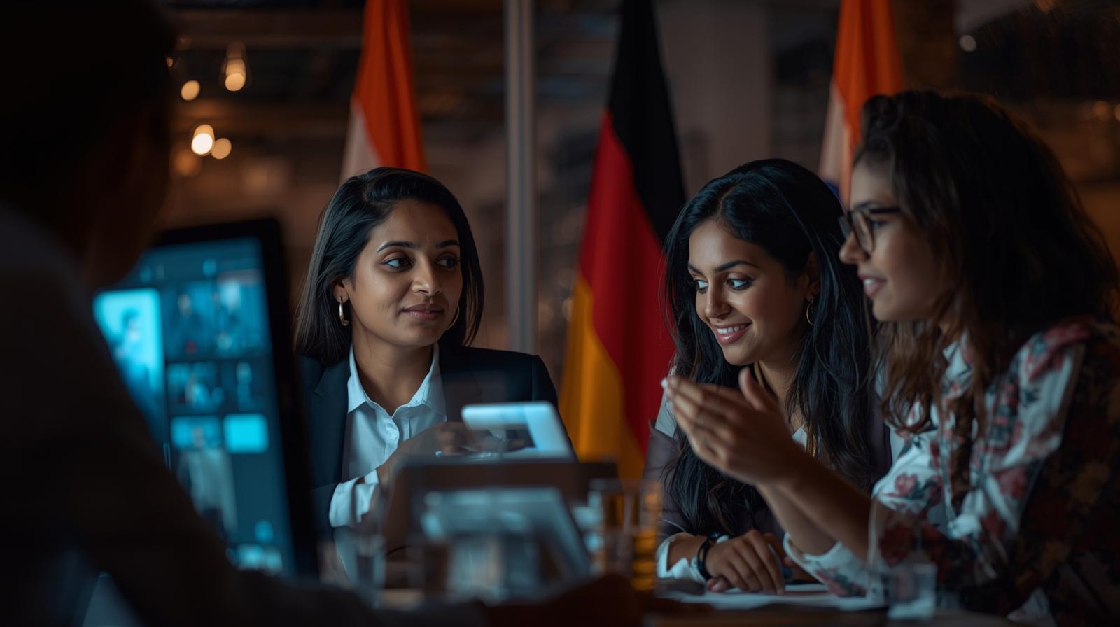 Services Indian and German professionals collaborating in a corporate meeting with national flags in the background – TAMA CrossCultura by TAMA Systems India, Indo-German program for intercultural training, workplace communication, and leadership development.