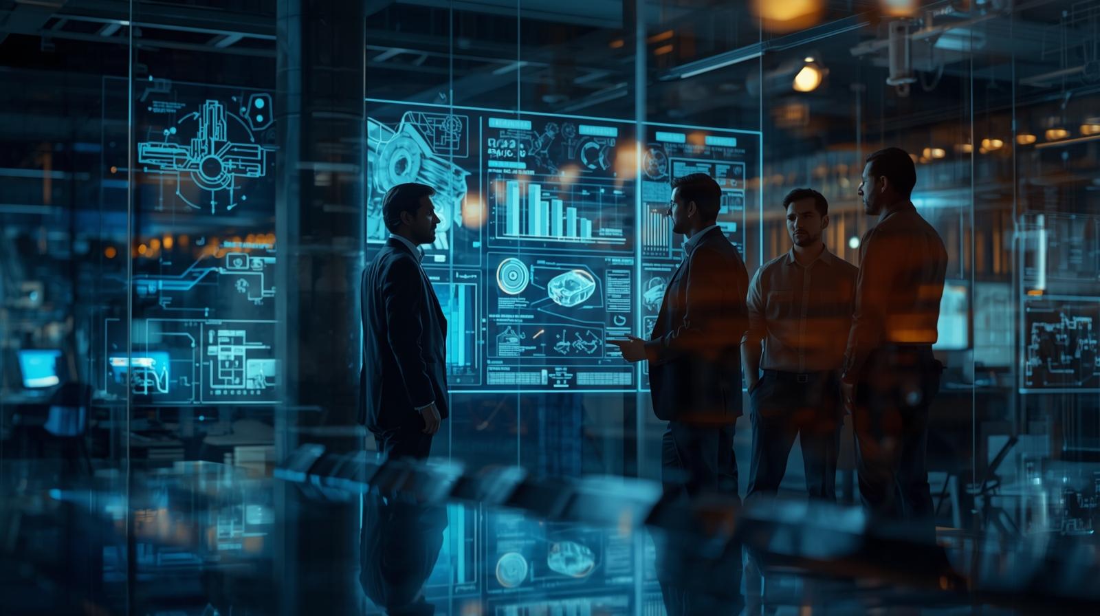 Services German and Indian engineers collaborating in a digital innovation lab with holographic engineering dashboards – TAMA Systems India, Indo-German company delivering ISO-certified software development, AI automation, and model-driven engineering services.