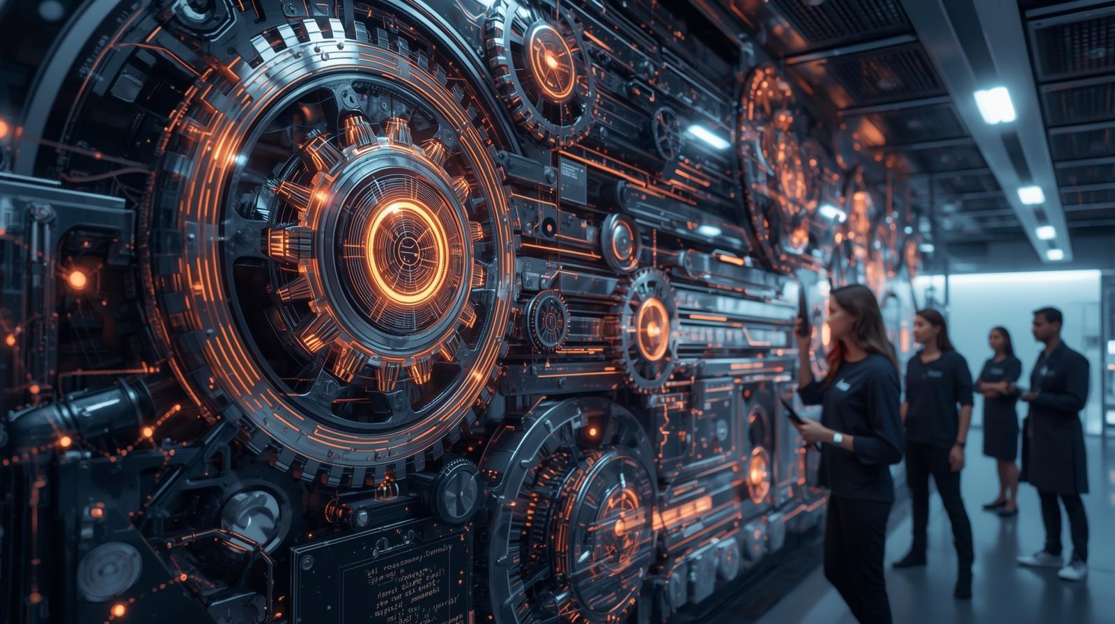 Engineer analyzing futuristic AI-powered control systems and digital gear mechanisms – TAMA Systems India, Indo-German software engineering company specializing in MPS-based DSL development, automation, and reliable AI-driven innovation.