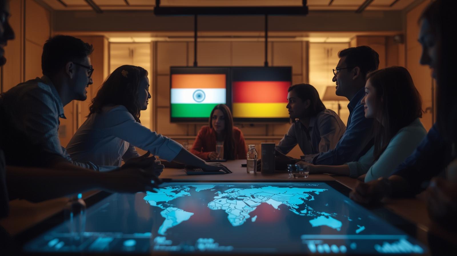 Indian and German professionals collaborating in an international meeting room with national flags and world map – TAMA CrossCultura by TAMA Systems India, Indo-German cross-cultural training program for workplace communication and global teamwork.
